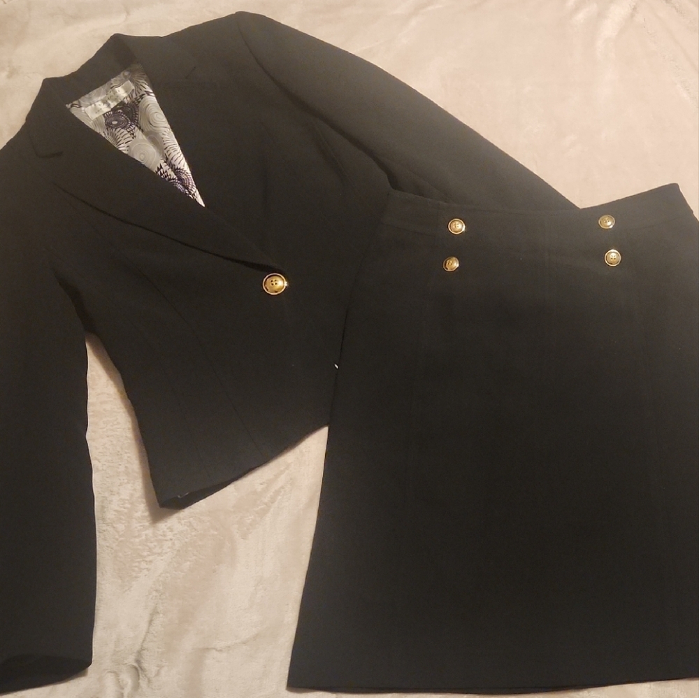 Tahari ASL Navy Blue Skirt Suit with Gold Buttons